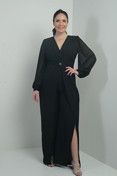 By Saygı Women's V-Neck Front Single Button Sleeves Chiffon Half Lined Large Size Crepe Jumpsuit