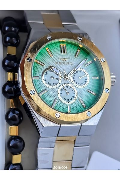 FERRO Men's Watch, Functions Active, Silver Yellow Steel Band, Bracelet Gift
