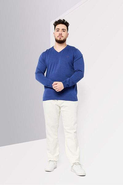 Guess Men V Neck Brand Logo Long Sleeve Sweater, Prussian Blue