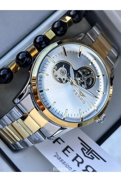 FERRO Men's Watch, Automatic (Without Battery), Steel Band, Yellow - Silver Color, Bracelet Gift