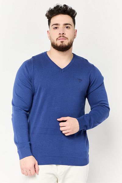 Guess Men V Neck Brand Logo Long Sleeve Sweater, Prussian Blue