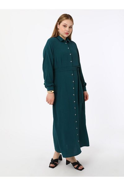 ALİA Plus Size Buttoned Aerobin Hijab Dress - Emerald Green - Alia