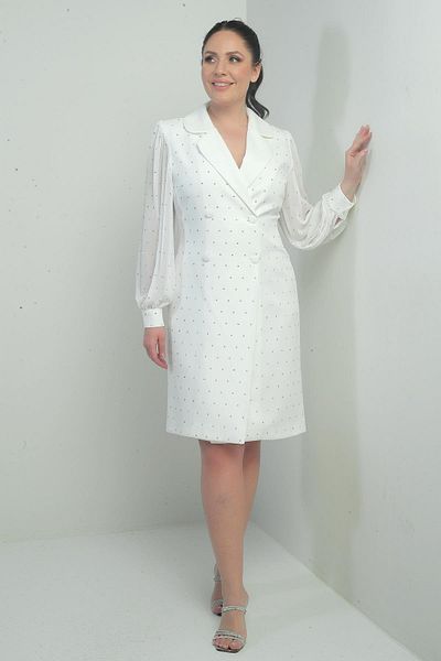 By Saygı Women's Double Breasted Lapel Front Button Chiffon Sleeve Beaded Plus Size Short Dress