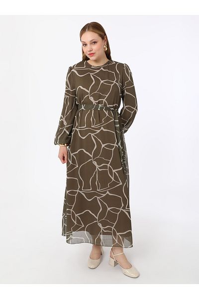ALİA Plus Size Floral Patterned Chiffon Dress - Khaki- Alia
