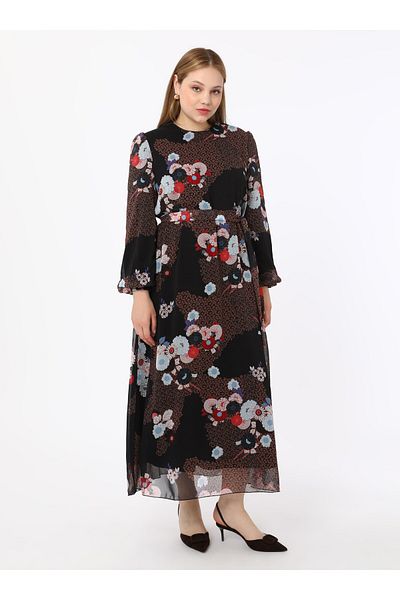 ALİA Plus Size Floral Print Chiffon Dress - Black - Alia