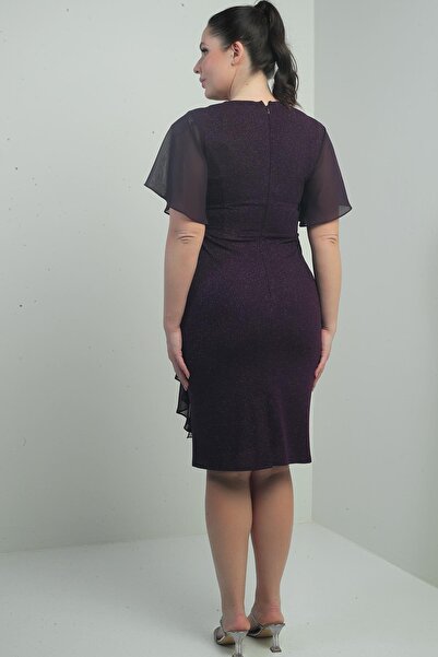 By Saygı Plus Size Glittery Short Dress with Chiffon Sleeves and Stone Lining on the Side