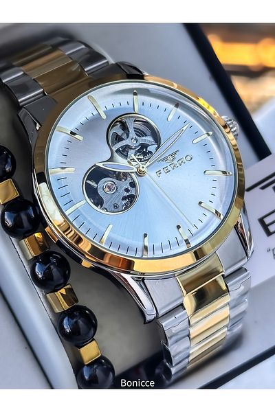 FERRO Men's Watch, Automatic (Without Battery), Steel Band, Yellow - Silver Color, Bracelet Gift