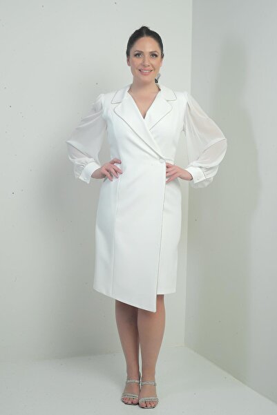 By Saygı Women's Double Breasted Lapel Sleeves Chiffon One Button Large Size Short Dress