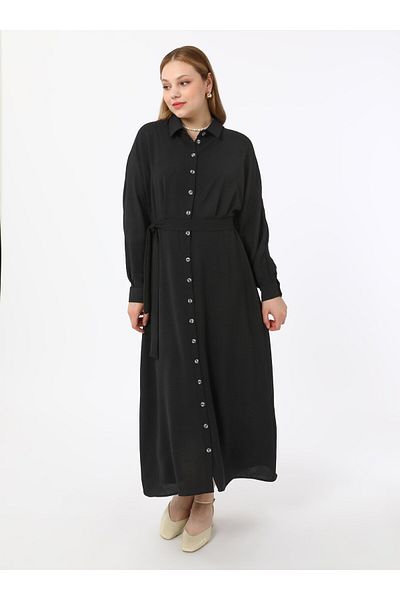 ALİA Plus Size Buttoned Aerobin Hijab Dress - Black - Alia