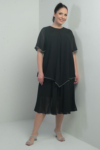 By Saygı Women's Short Flounce Sleeve Lined Stone Detailed Large Size Chiffon Midi Dress