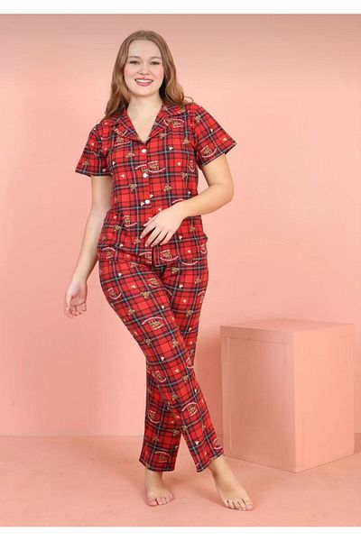 TABANÇORAPLARI Jeni̇ka Buttoned Short Sleeve Checked Teddy Bear Patterned Milan Fabric Women's Pajamas Suit