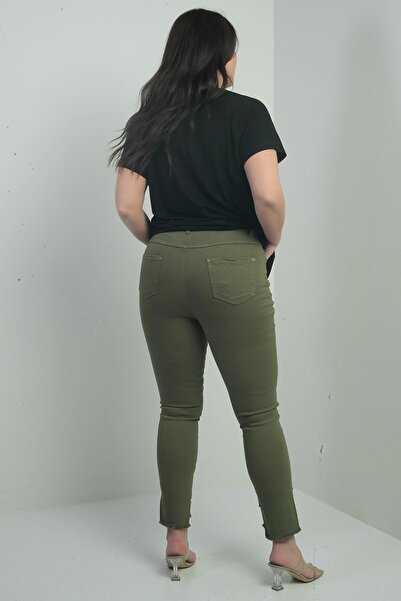 By Saygı Women's Skinny Leg Stone and Tassel Detailed Lycra Large Size Canvas Trousers