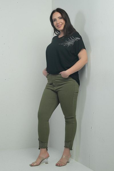 By Saygı Women's Skinny Leg Stone and Tassel Detailed Lycra Large Size Canvas Trousers