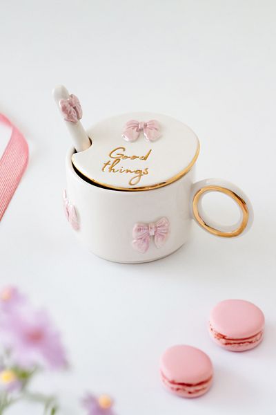 SİNEM YAMAN HOME Good Things Ceramic Mug with Bow Kap and Spoon / Handmade Ceramic Mug with Lid