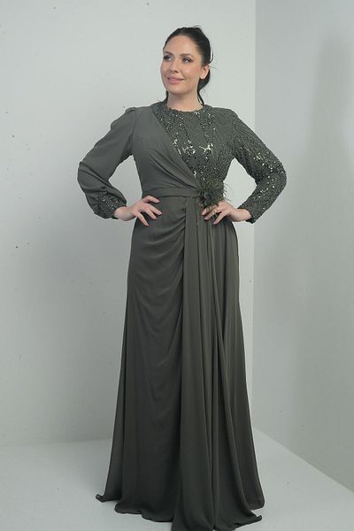 By Saygı Women's Top with Sequin-Beading Embroidered Lining Waist with Flowers Large Size Long Chiffon Dress