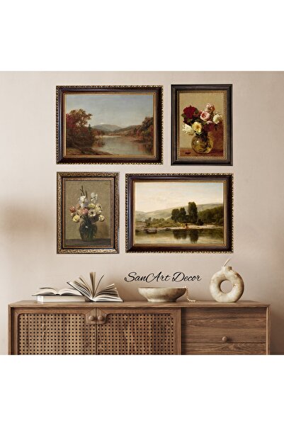 Sanart Yağlı Boya Tablo Seti, Vintage Tablo, 4 Parça Çerçeveli Tablo Seti, Sa...