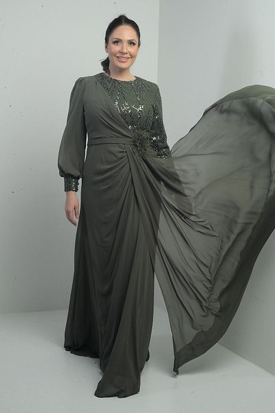 By Saygı Women's Top with Sequin-Beading Embroidered Lining Waist with Flowers Large Size Long Chiffon Dress