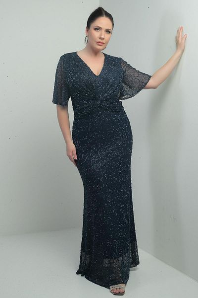 By Saygı Women's V-Neck Lined Front Knot Detail Tube Bead Embroidered Large Size Long Dress
