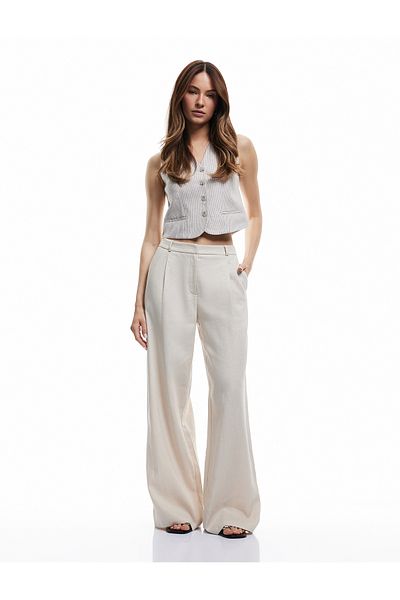 Koton Linen Viscose Blended Wide Leg Trousers with Pockets and Pleats