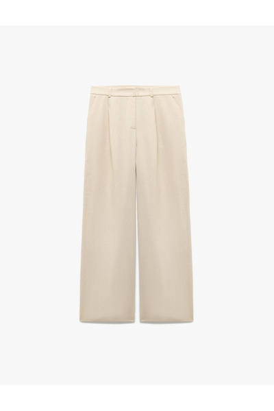 Koton Keten Viskon Karışımlı Cepli Pile Detaylı Geniş Paça Pantolon