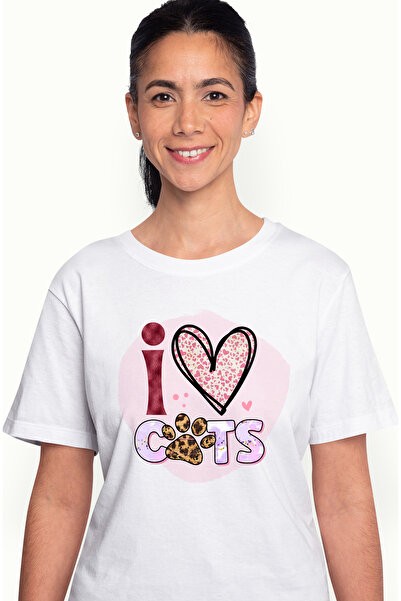 StoryGift Romania Tricou Femei Cu Mesajul "i Love Cats", Iubesc Pisicile, Inima, Fundal Roz, Ilust Wht_m