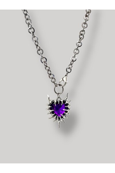 sleyshop Kalın Zincirli Mor Gotik Kalp Kolye