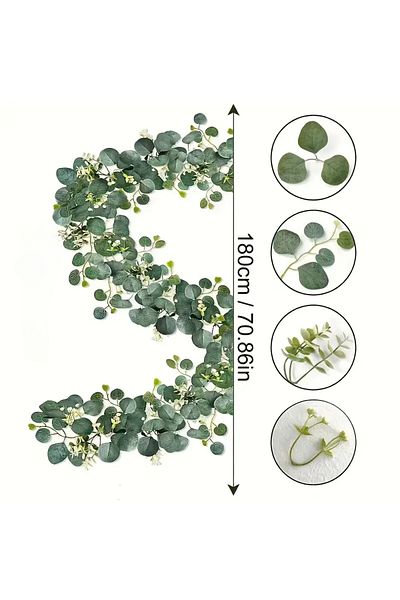 Choice 1.8m Light Green Lush 70.8" Faux Eucalyptus Garland With White Flowers - Perfect For Home & Holiday