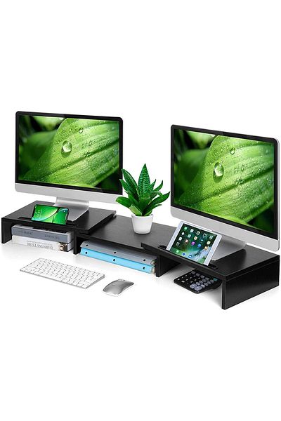 COOYA Dual Monitor Stand,with Adjustable Length and Angle,with 2 Slots,Desktop Organizer