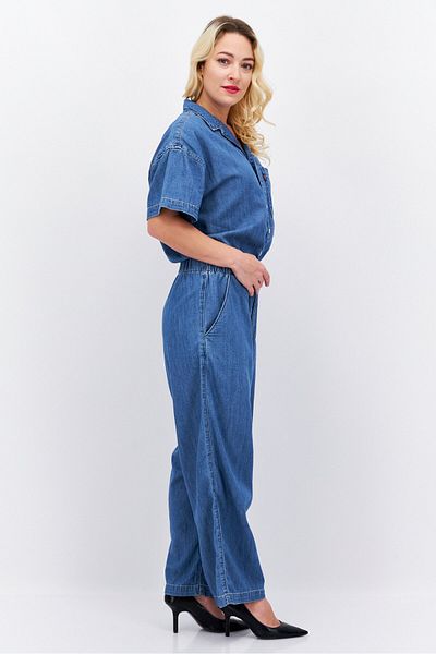 Levi's Women Textured Short Sleeves Denim Jumpsuit, Blue