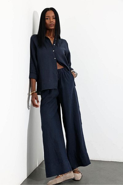 5in1Canpolat Navy Blue 100% Linen Elastic Waist Trousers