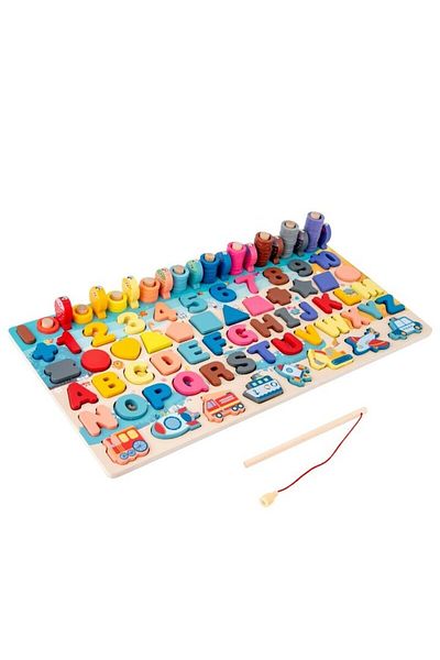 Picodino Joc lemn 6 in 1 Montessori logaritmic cu stivuire piese, litere, cifre, forme mijloace transport
