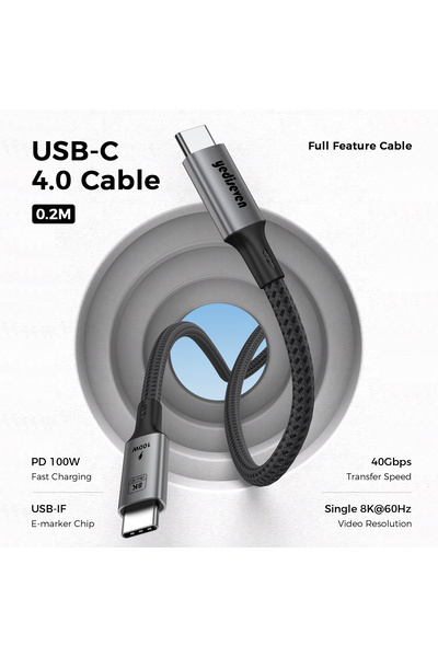 yediseven USB 4 To Type C 4.0 Harici SSD Kablosu 40GBPS Hızlı Veri Aktarma 100WATT Kısa Şarj Kablosu 20 cm
