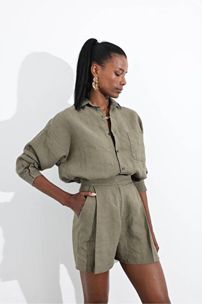 5in1Canpolat Khaki 100% Linen Classic Shorts