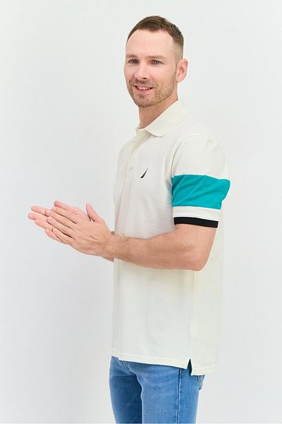 Nautica Men Regular Fit Embroidered Logo Short Sleeves Polo, Cream