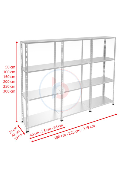 RafBurada 4 Katlı 3'lü Galvaniz Çelik Raf - Depo, Arşiv, Kiler, Dosya, Market Rafı 31x60 cm-150 cm-0.70 mm