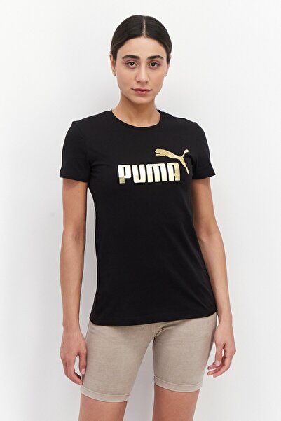 Puma تي شيرت رياضي نسائي بشعار العلامة التجارية، أسود/ذهبي