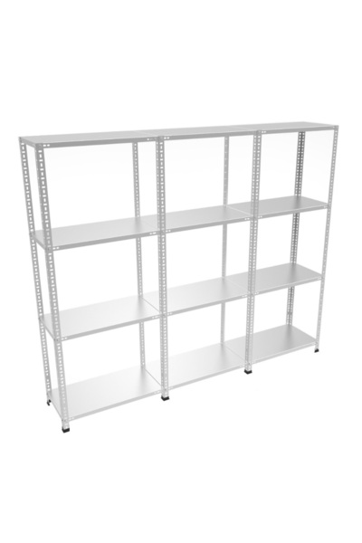 RafBurada 4 Katlı 3'lü Galvaniz Çelik Raf - Depo, Arşiv, Kiler, Dosya, Market Rafı 31x60 cm-150 cm-0.70 mm