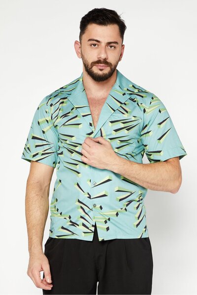 Jordanluca Men Regular Fit Allover Printed Short Sleeves Casual Shirt, Teal
