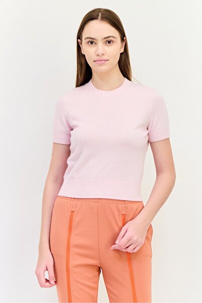 Esprit Women Ribbed Collar Knitted T-Shirt, Light Pink