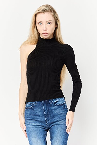 DeFacto Women Turtle Neck One Shoulder Sleeves Knitted Top, Black