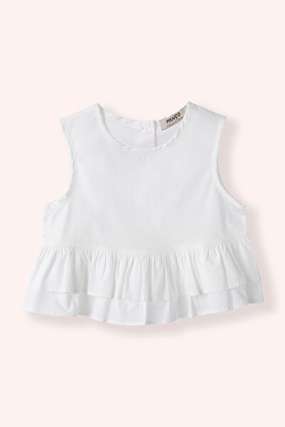 Panço Kız Bebek Düğme Detaylı Fırfırlı Beyaz Bluz