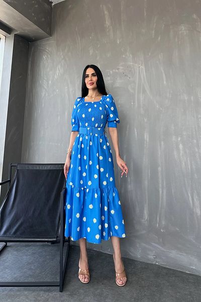 GALAVİP Square Collar Poplin Fabric Floral Pattern with Belt Summer Dress Standard Size S/M/L/Xl Matched