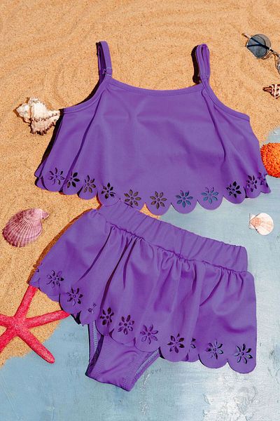 Minigimin Cicileri My Little One's Cicileri (3-12 Years) Girl's Laser Flower Cut Skirt Swimsuit - Purple