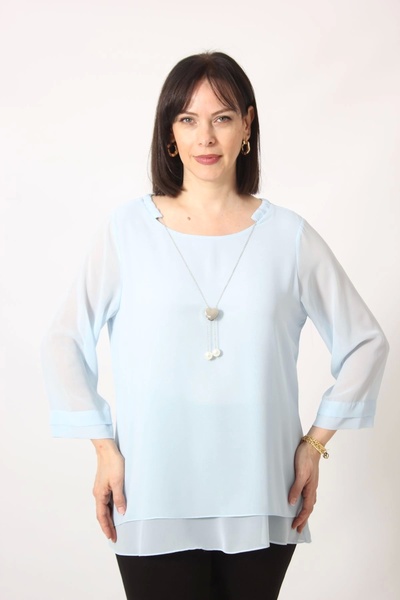 Moda Berray 1934 Kolyeli Şifon Büyük Beden Şık Bluz Mavi
