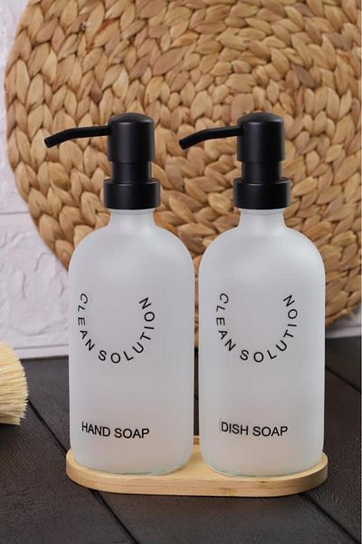 MİEN Set of 2 Sablaj Glass White Liquid Soap Dispensers with Stand