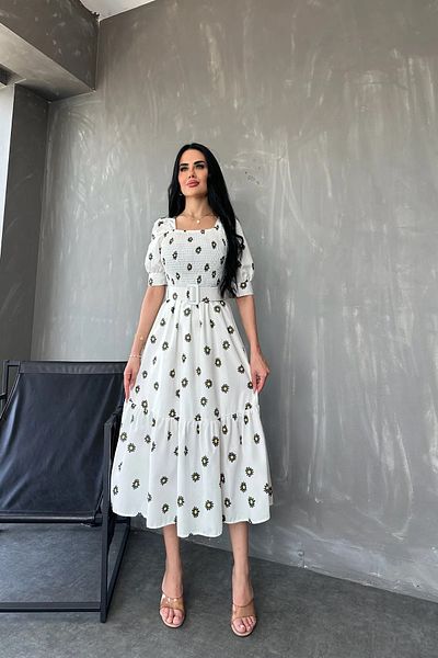 GALAVİP Square Collar Poplin Fabric Floral Pattern with Belt Summer Dress Standard Size S/M/L/Xl Matched