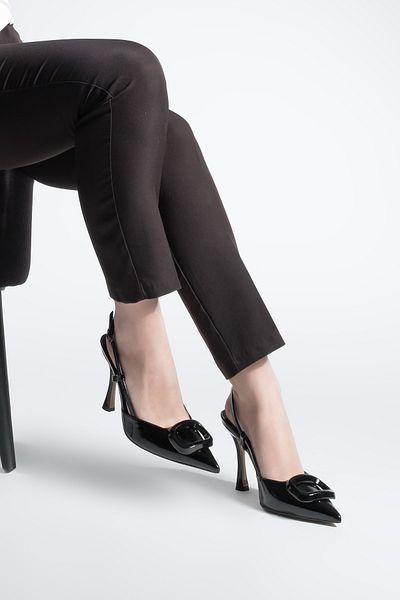 Marjin Women's Stiletto Pointed Toe Open Back Tie Buckle Heeled Shoes Velton Black Patent Leather