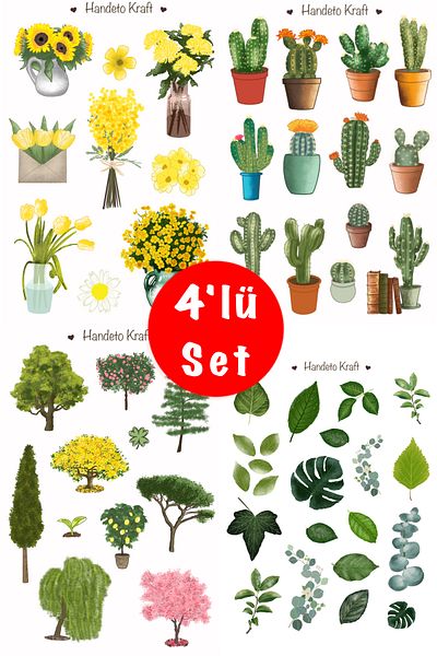Handeto Kraft Plant and Flower Themed Multiple Sticker Set, 4 Sticker, 8X12 Cm, Sticker, Bullet Journal, Label