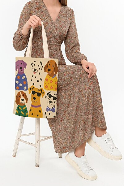 Çınar Bez Çanta Kanvas Eğelenceli Köpekler Baskılı Bez Çanta
