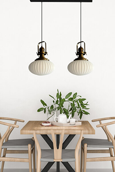 Bamyum İkili Elegant Cam Beyaz Avize Eskitme Başlık Retro Sarkıt Lamba Restoran Salon Aydınlatma